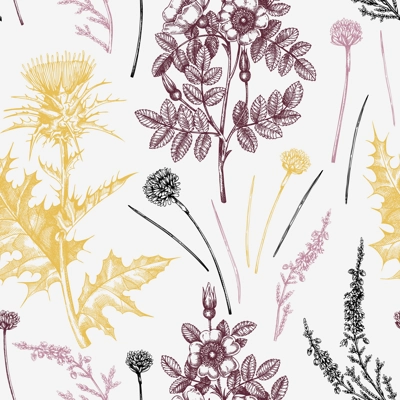 Hand sketched floral background. Vintage summer florals drawing seamless pattern. Traditional plant of Scotland. Botanical elements in engraved style. Scottish flowers backdrop.